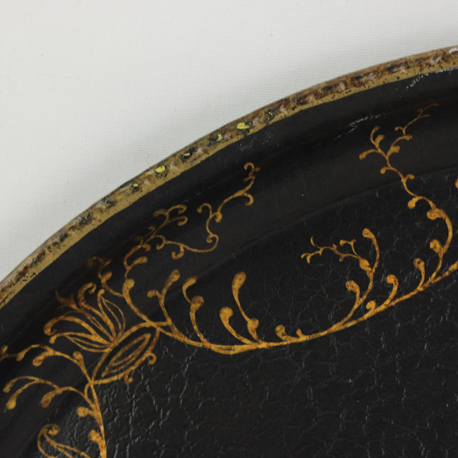 Vintage Hand Painted Tole Tray Black Lacquer With Gold Gilt Floral Bouquets and Ornate Scrollwork - 10