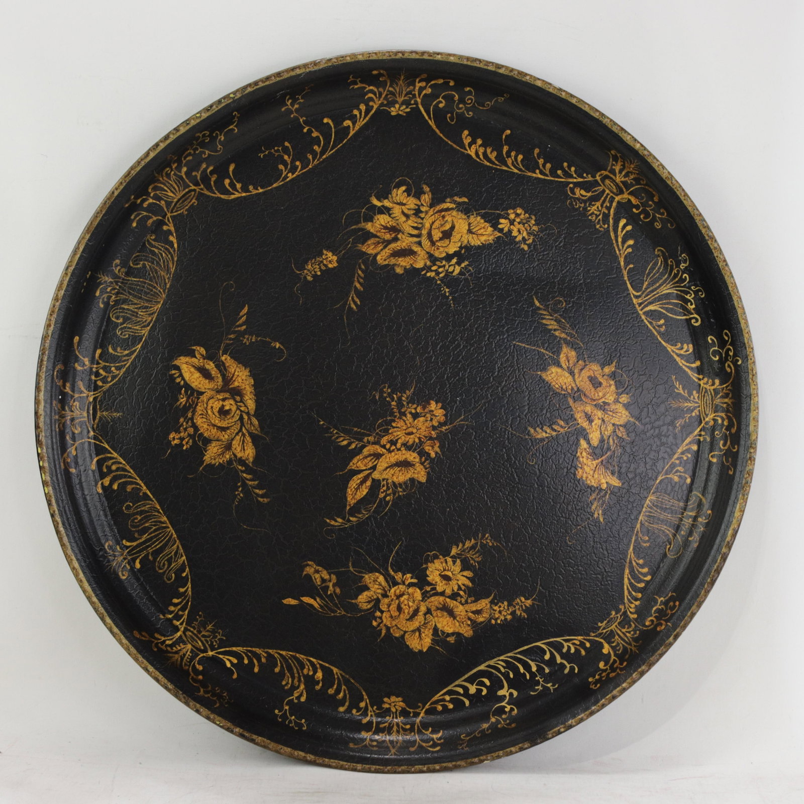 Vintage Hand Painted Tole Tray Black Lacquer With Gold Gilt Floral Bouquets and Ornate Scrollwork - 12