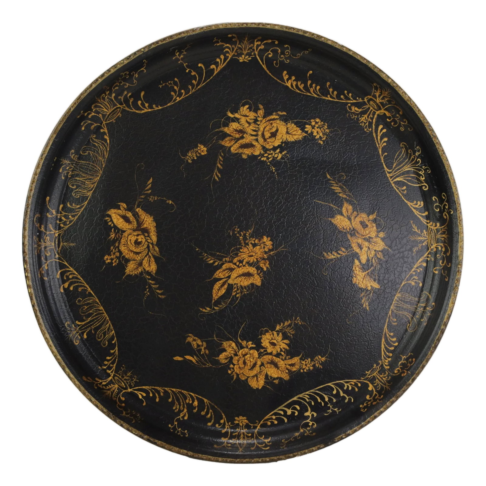 Vintage Hand Painted Tole Tray Black Lacquer With Gold Gilt Floral Bouquets and Ornate Scrollwork: This elegant vintage round tole tray features a deep black lacquer finish serving as a dramatic backdrop for its sophisticated hand-painted golden ornamentation. The central composition consists of