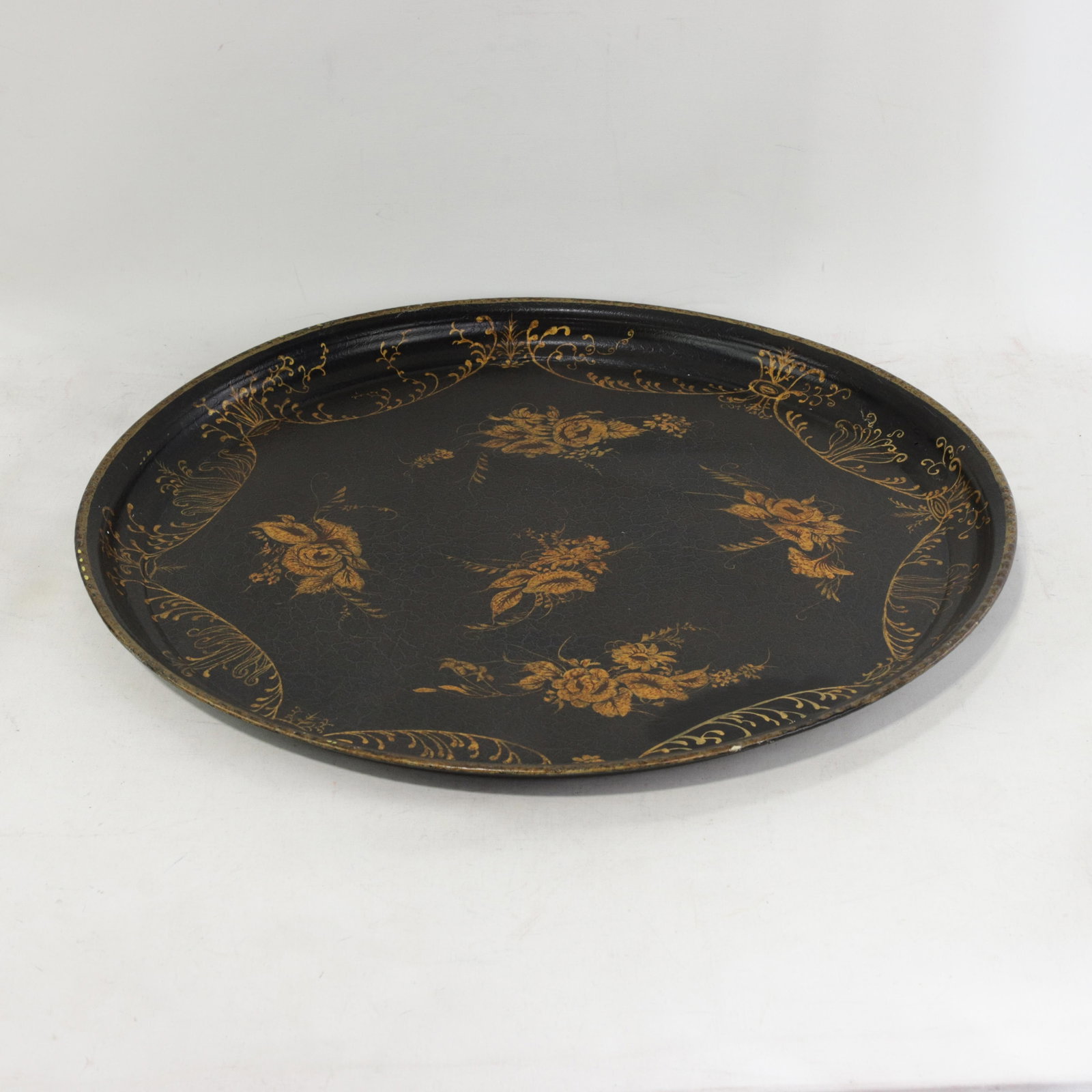 Vintage Hand Painted Tole Tray Black Lacquer With Gold Gilt Floral Bouquets and Ornate Scrollwork - 2