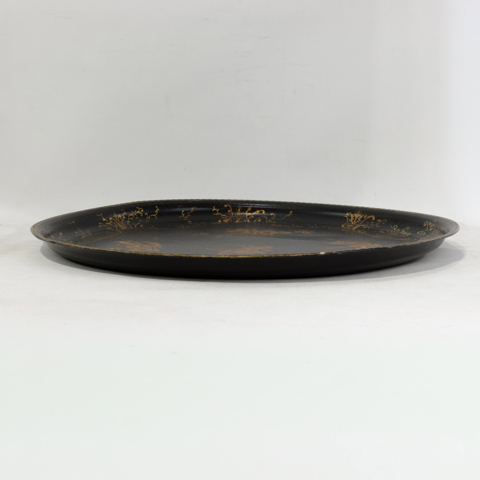 Vintage Hand Painted Tole Tray Black Lacquer With Gold Gilt Floral Bouquets and Ornate Scrollwork - 3