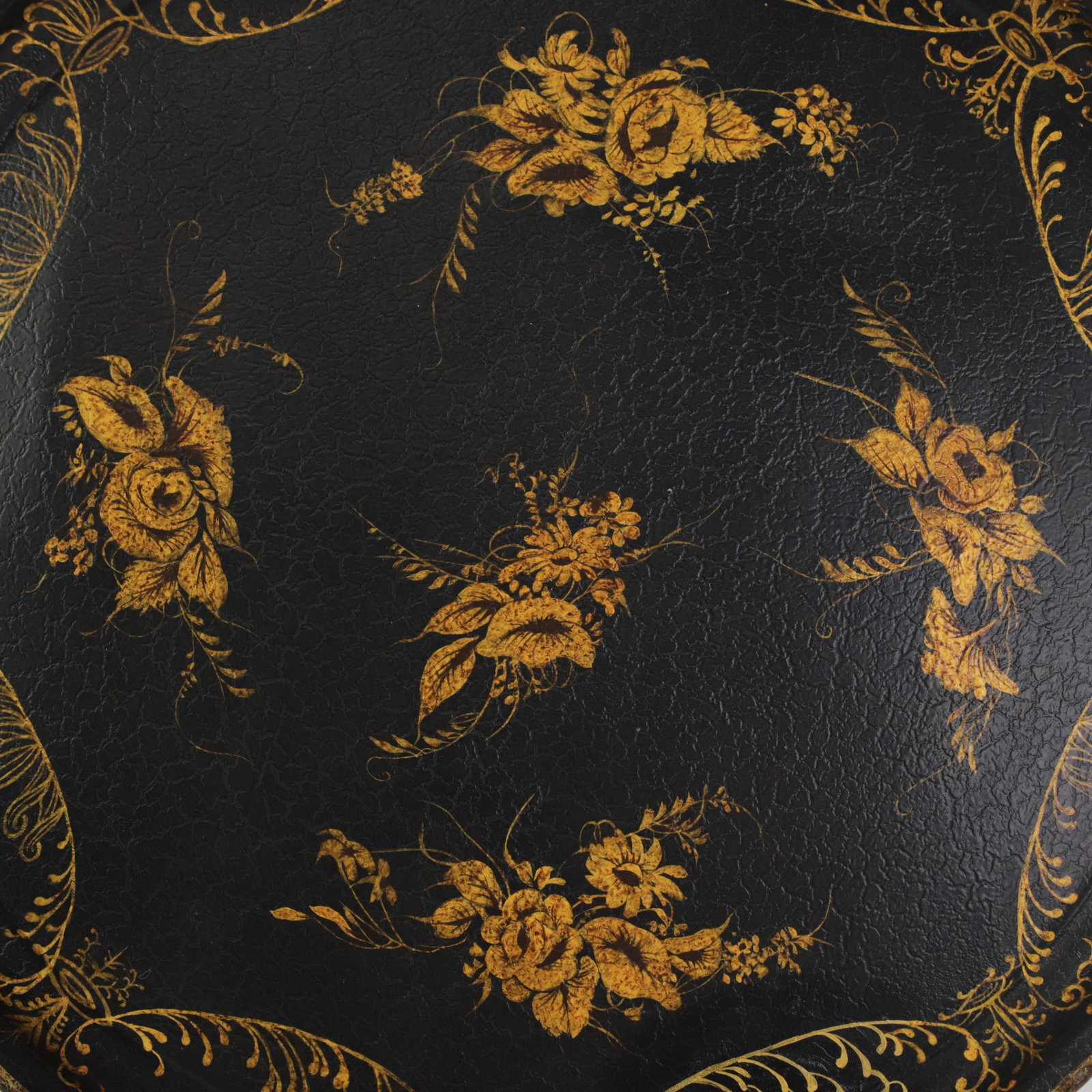 Vintage Hand Painted Tole Tray Black Lacquer With Gold Gilt Floral Bouquets and Ornate Scrollwork - 4