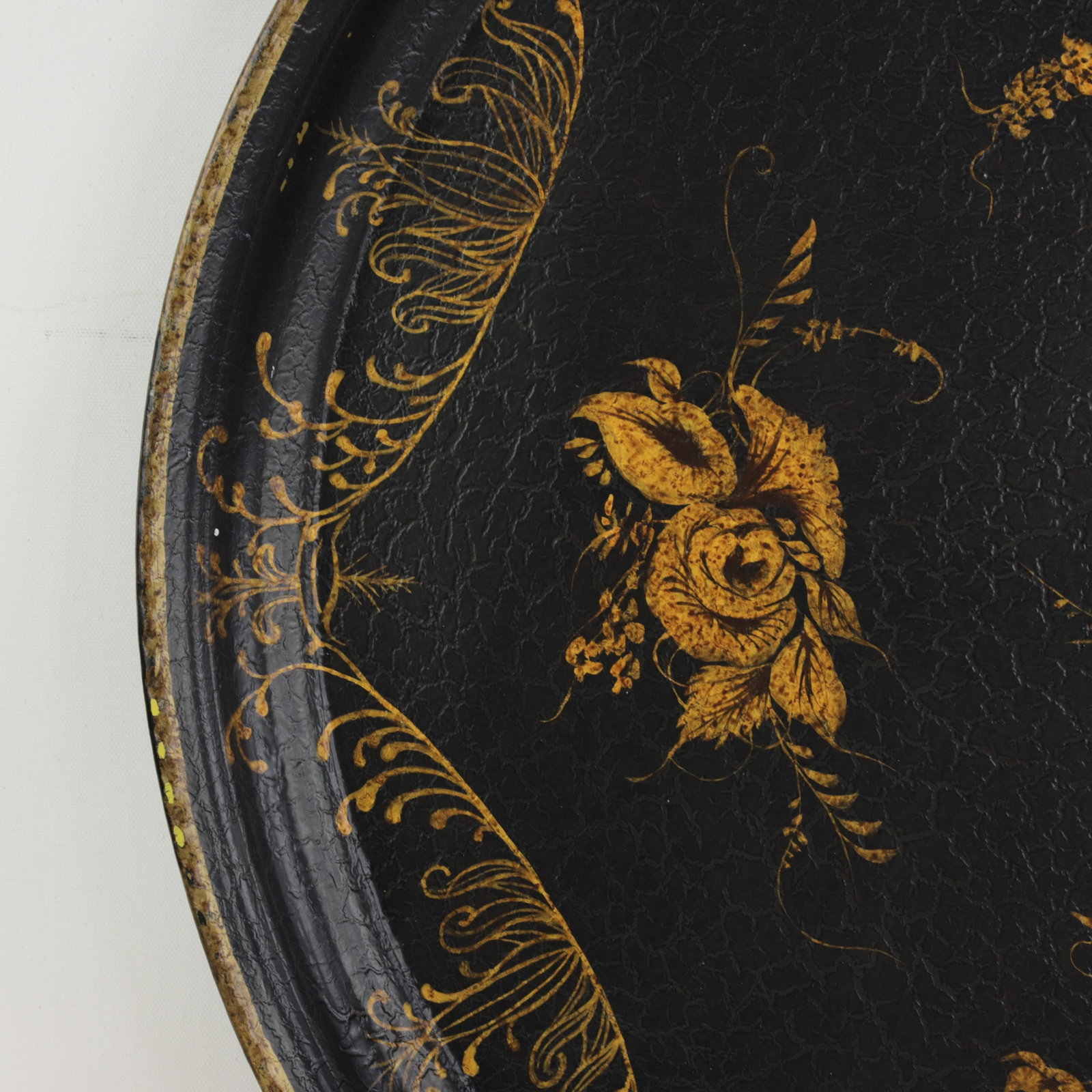 Vintage Hand Painted Tole Tray Black Lacquer With Gold Gilt Floral Bouquets and Ornate Scrollwork - 5