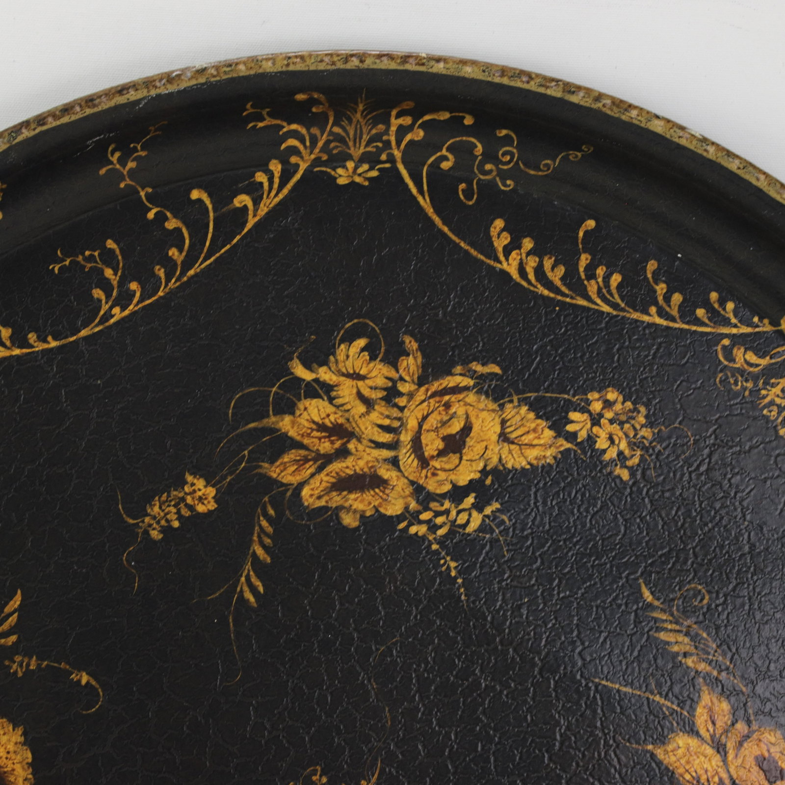 Vintage Hand Painted Tole Tray Black Lacquer With Gold Gilt Floral Bouquets and Ornate Scrollwork - 6