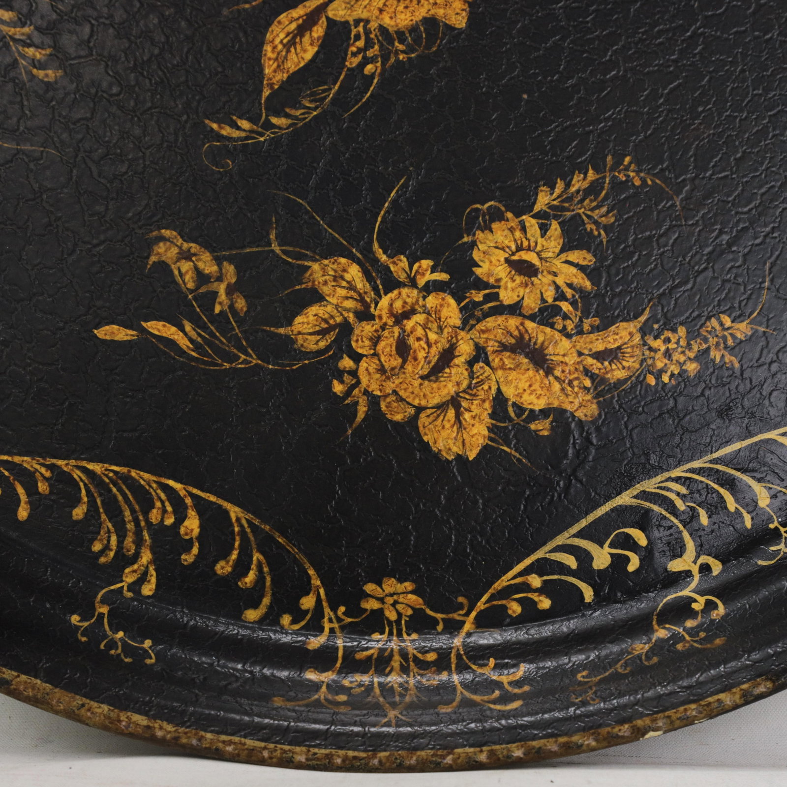 Vintage Hand Painted Tole Tray Black Lacquer With Gold Gilt Floral Bouquets and Ornate Scrollwork - 7