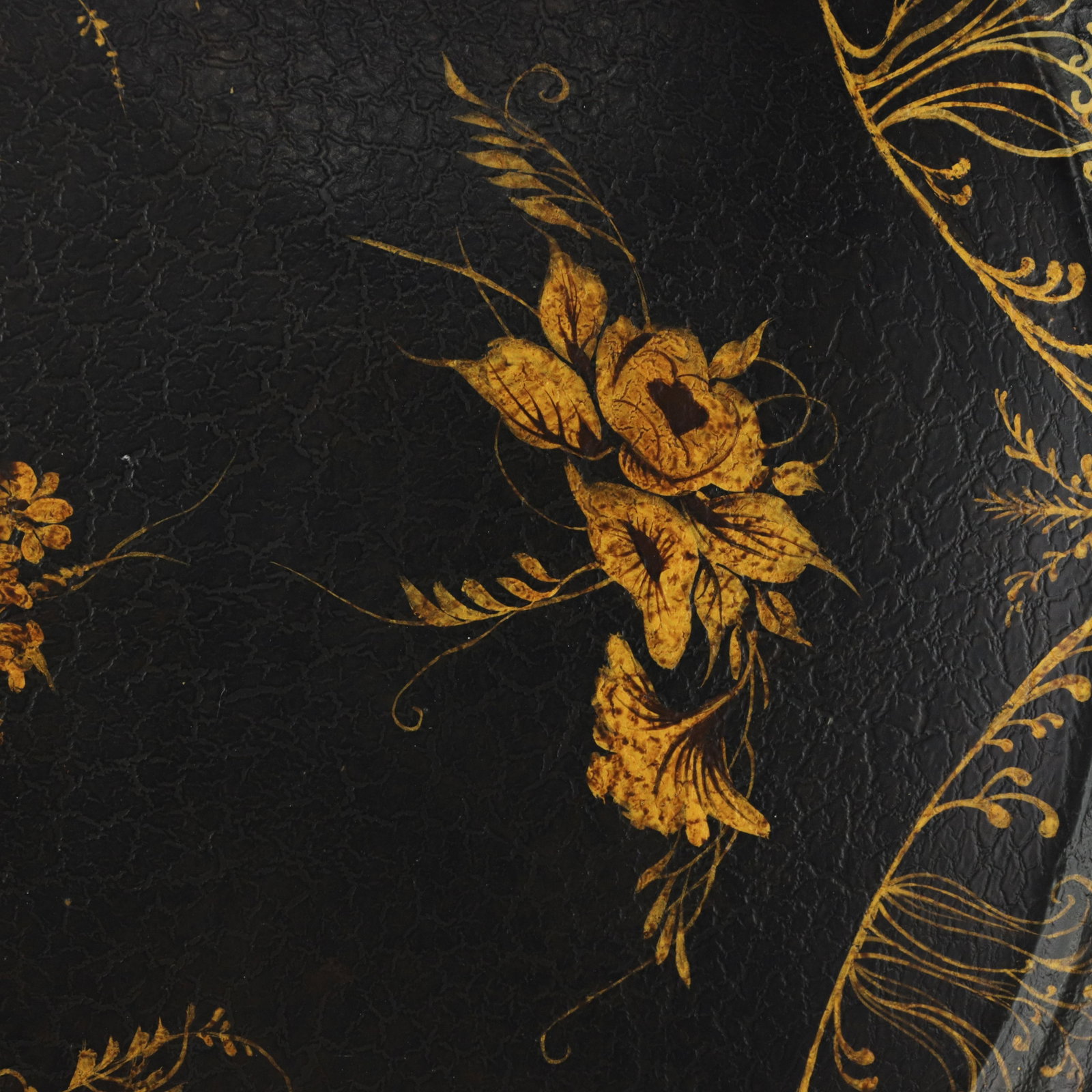 Vintage Hand Painted Tole Tray Black Lacquer With Gold Gilt Floral Bouquets and Ornate Scrollwork - 9