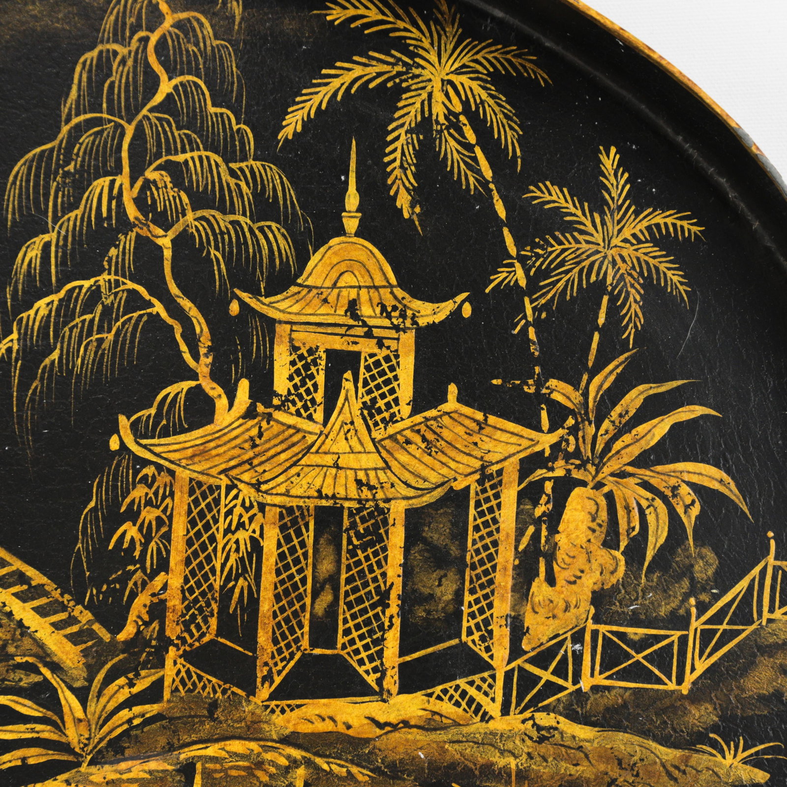 Vintage Black and Gold Chinoiserie Lacquerware Serving Tray - 10
