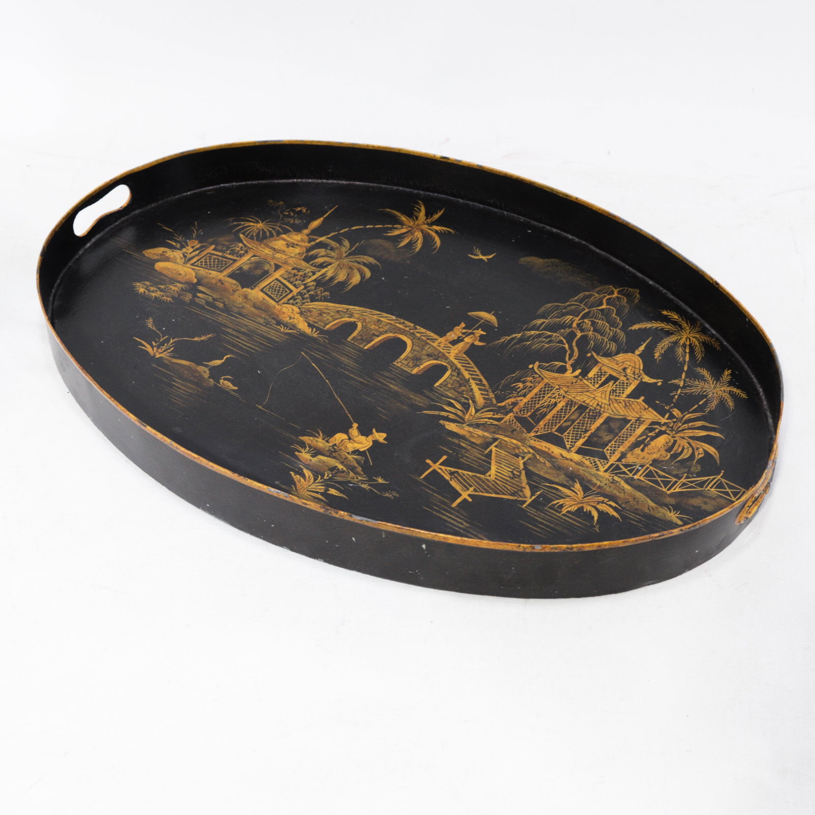 Vintage Black and Gold Chinoiserie Lacquerware Serving Tray - 11