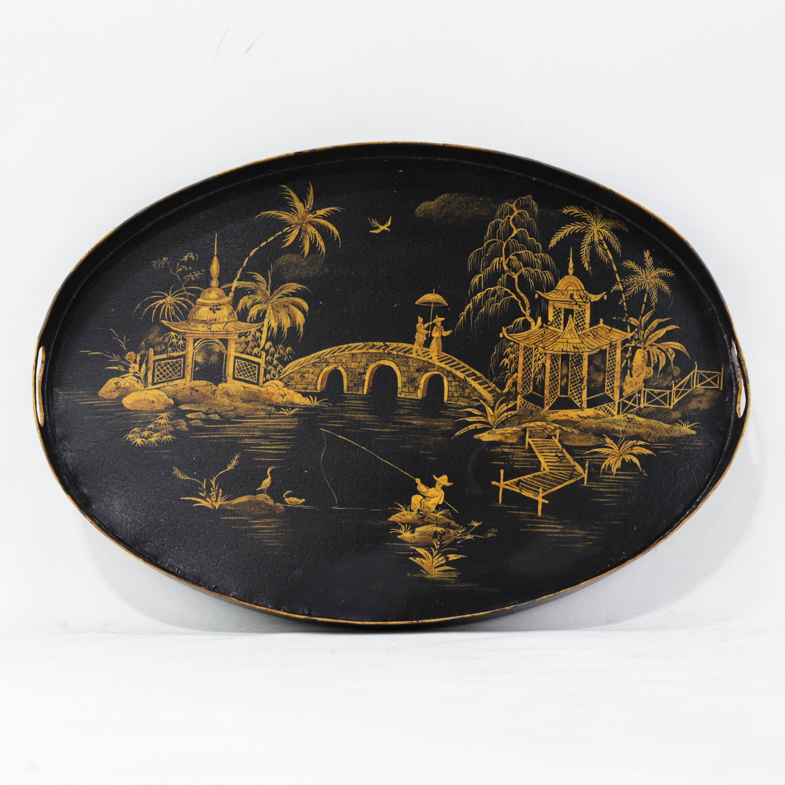 Vintage Black and Gold Chinoiserie Lacquerware Serving Tray - 14