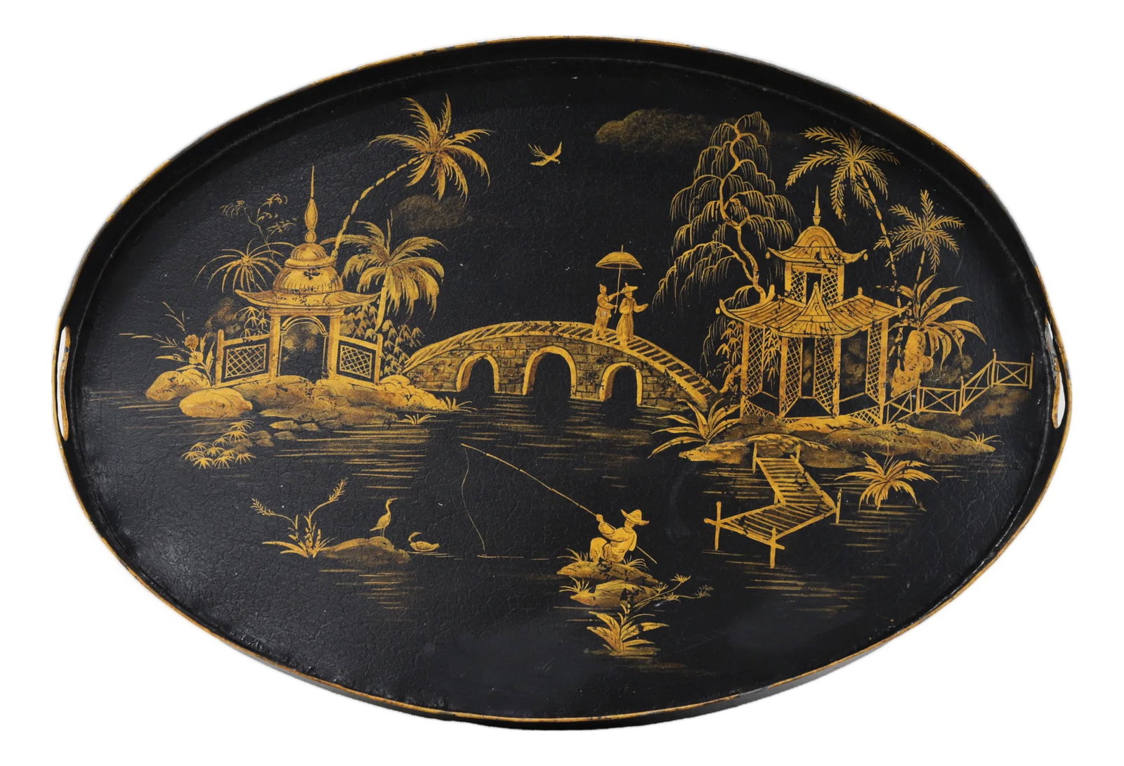 Vintage Black and Gold Chinoiserie Lacquerware Serving Tray: This elegant vintage serving tray features a classic oval shape, finished in a traditional black lacquerware style. It is ornately decorated with a striking gold Chinoiserie scene depicting a landscap