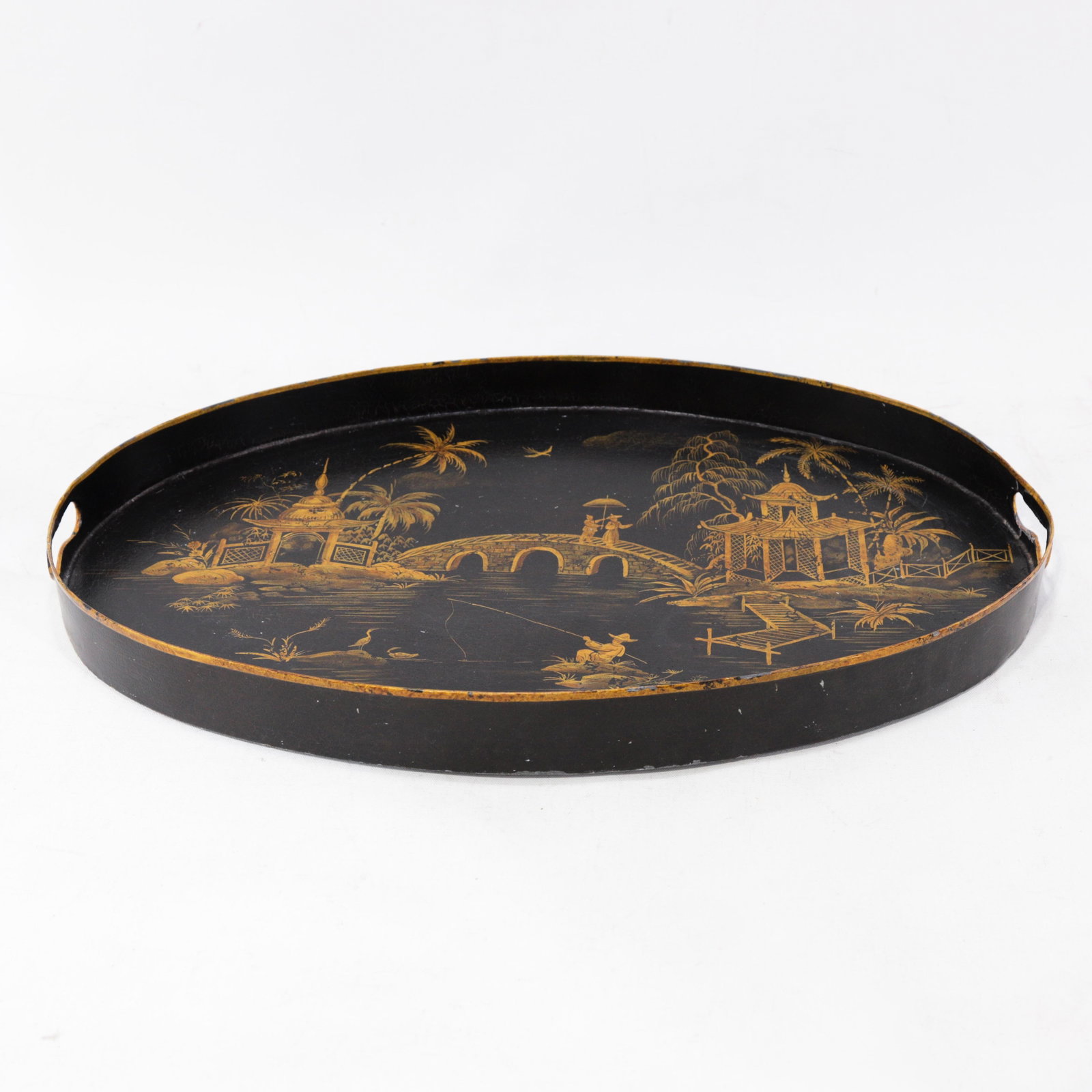 Vintage Black and Gold Chinoiserie Lacquerware Serving Tray - 2