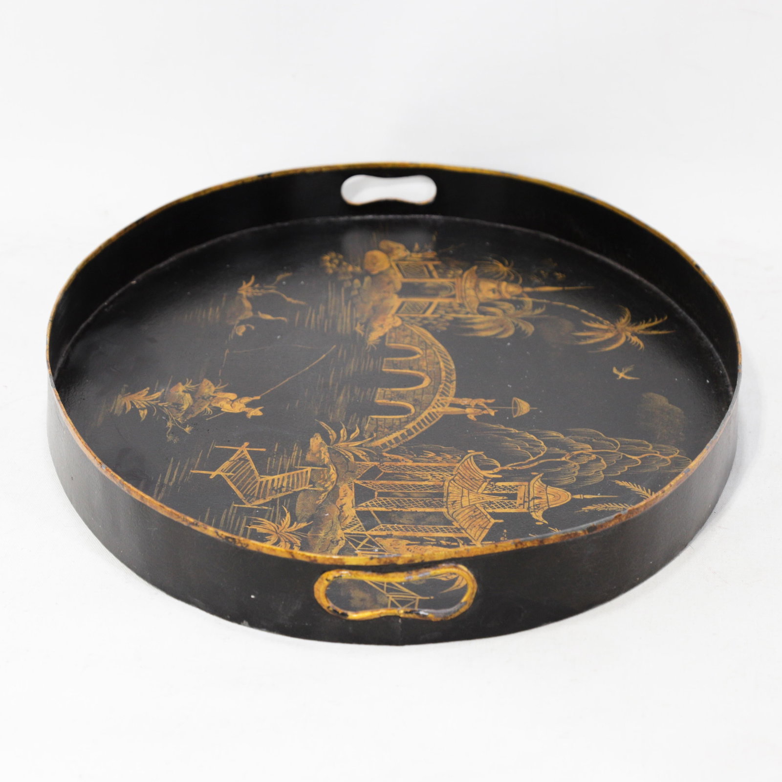 Vintage Black and Gold Chinoiserie Lacquerware Serving Tray - 3