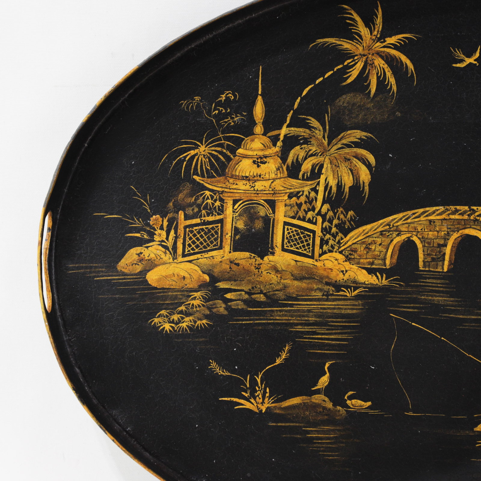 Vintage Black and Gold Chinoiserie Lacquerware Serving Tray - 4