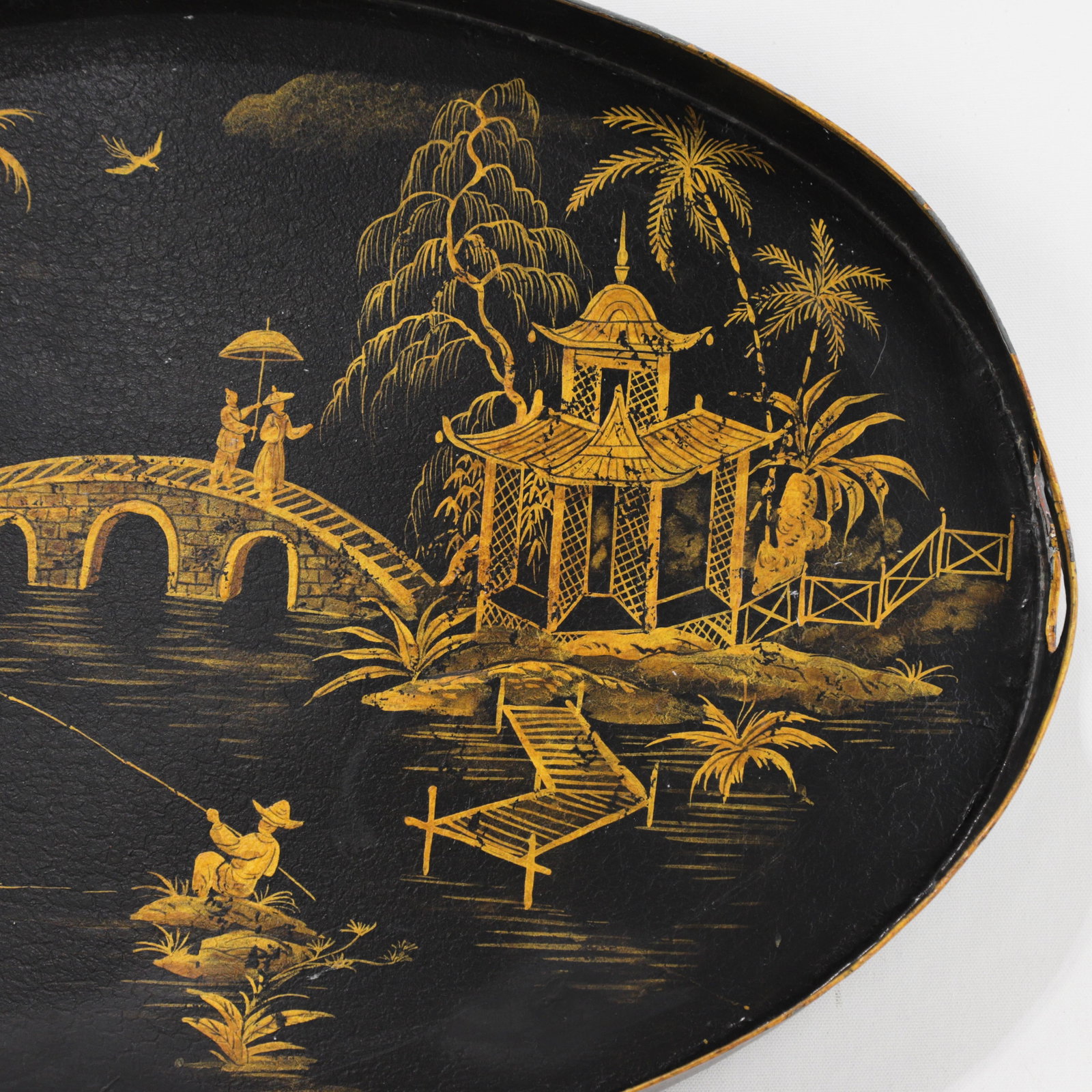 Vintage Black and Gold Chinoiserie Lacquerware Serving Tray - 5