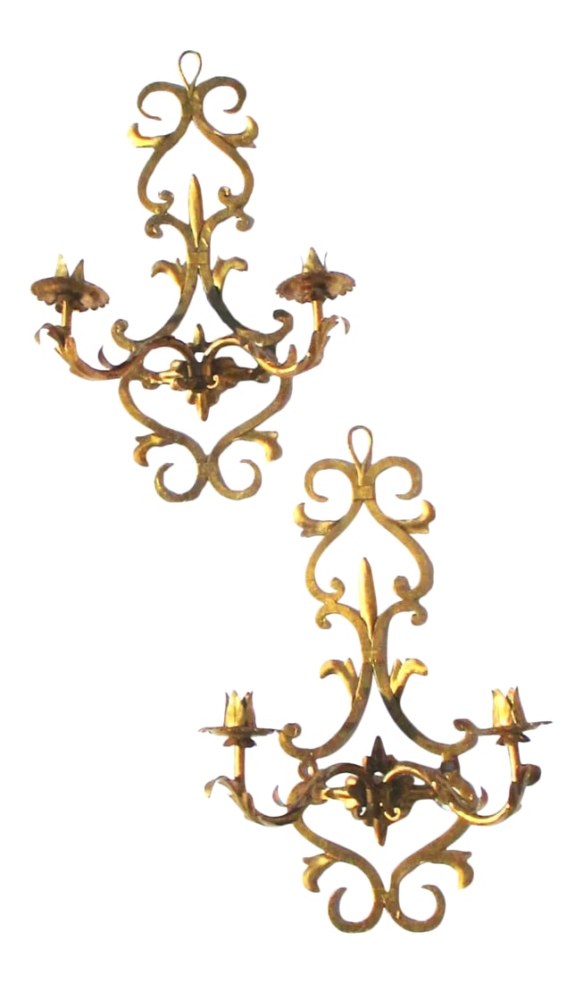 1980s Palladio Style Italian Gilt Tole Two Candle Sconces - A Pair (1 of 6)