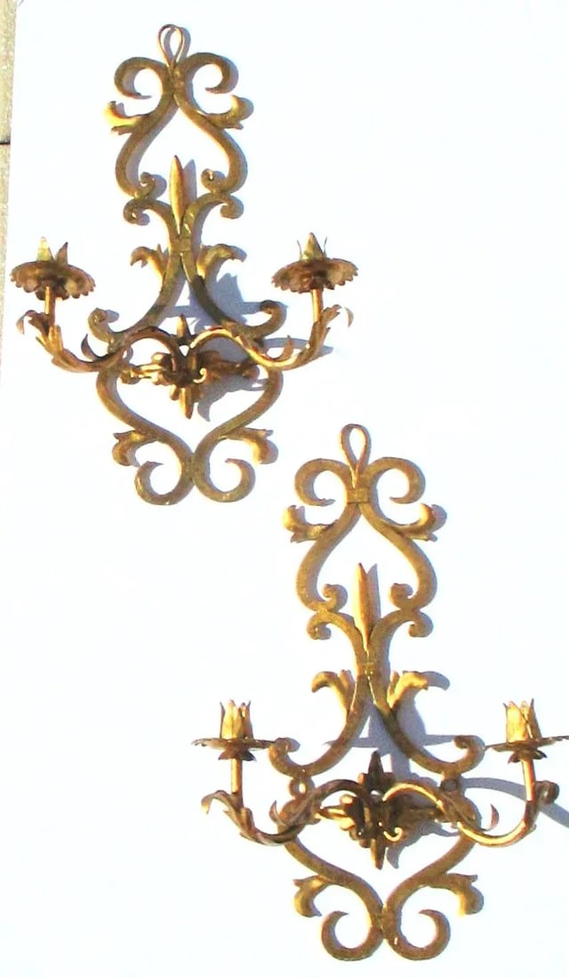 1980s Palladio Style Italian Gilt Tole Two Candle Sconces - A Pair - 2