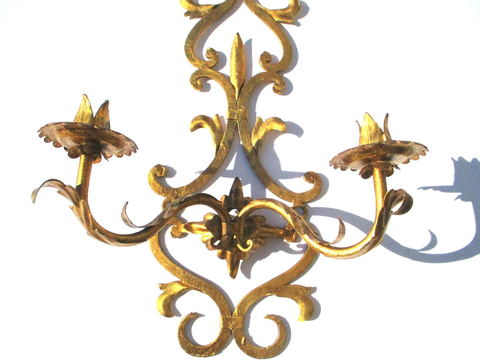 1980s Palladio Style Italian Gilt Tole Two Candle Sconces - A Pair - 3