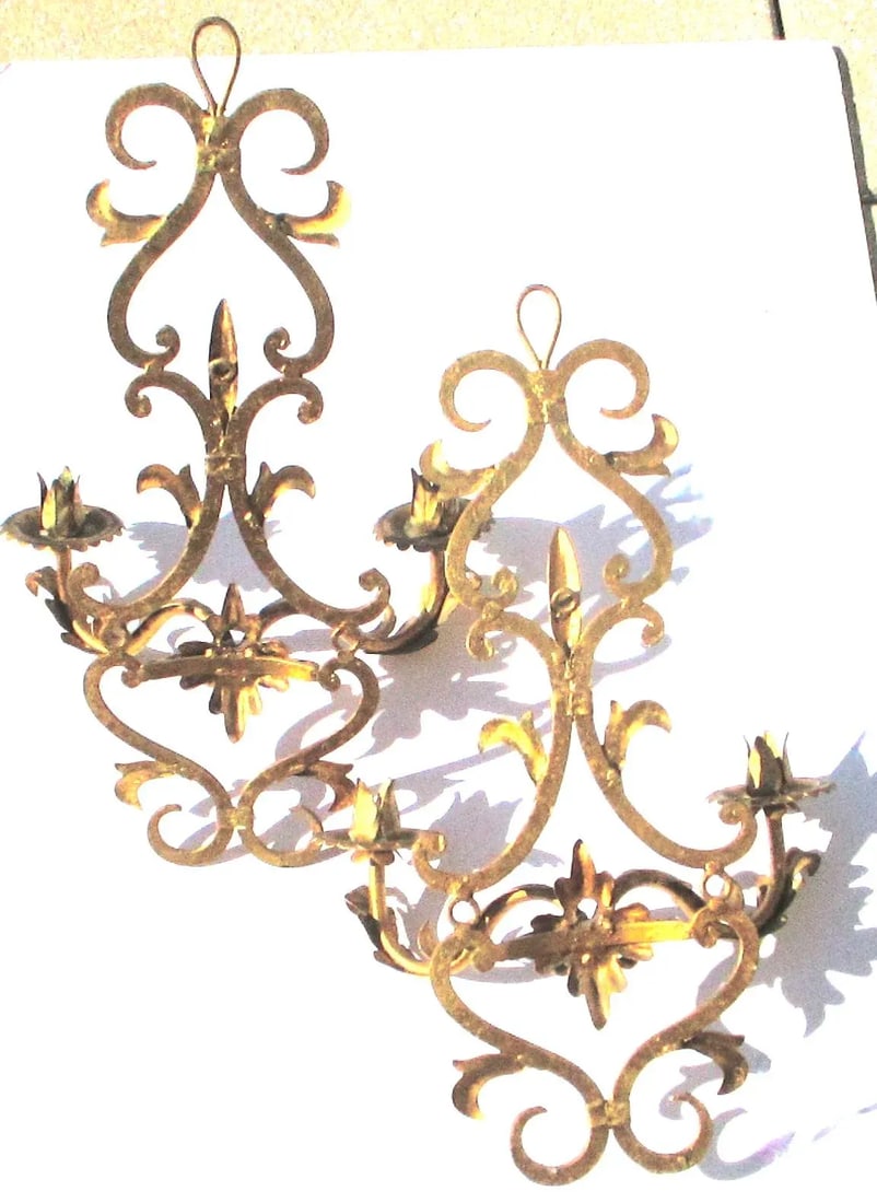 1980s Palladio Style Italian Gilt Tole Two Candle Sconces - A Pair - 5