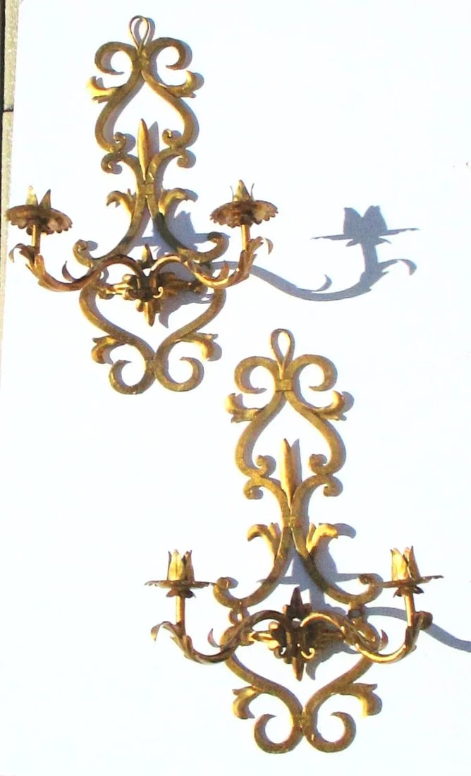 1980s Palladio Style Italian Gilt Tole Two Candle Sconces - A Pair - 6