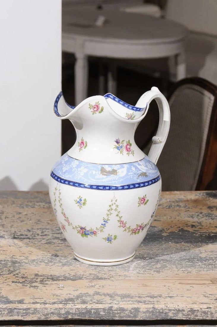 Vintage English Booth's China Pink Roses, Blue & White Pheasants Pitcher - 10