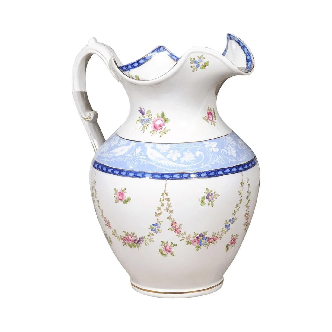 Vintage English Booth's China Pink Roses, Blue & White Pheasants Pitcher - 12