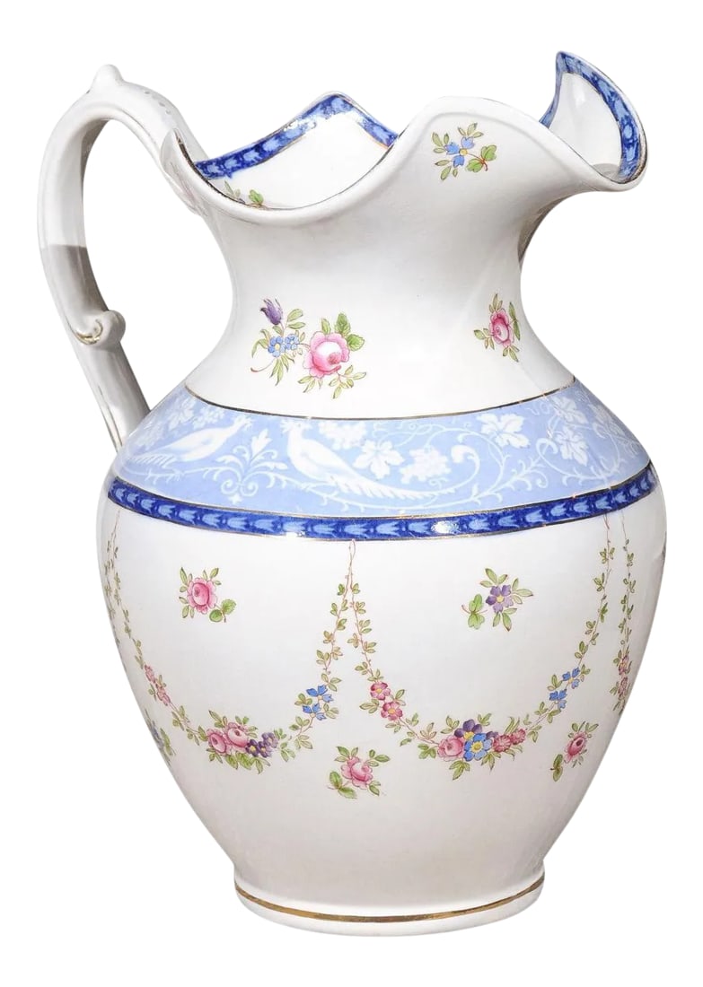 Vintage English Booth's China Pink Roses, Blue & White Pheasants Pitcher: An English Booth's silicon China cameo pattern pitcher from the early 20th century, with pink roses and blue and white pheasants. Born in England during the early years of the 20th century, this