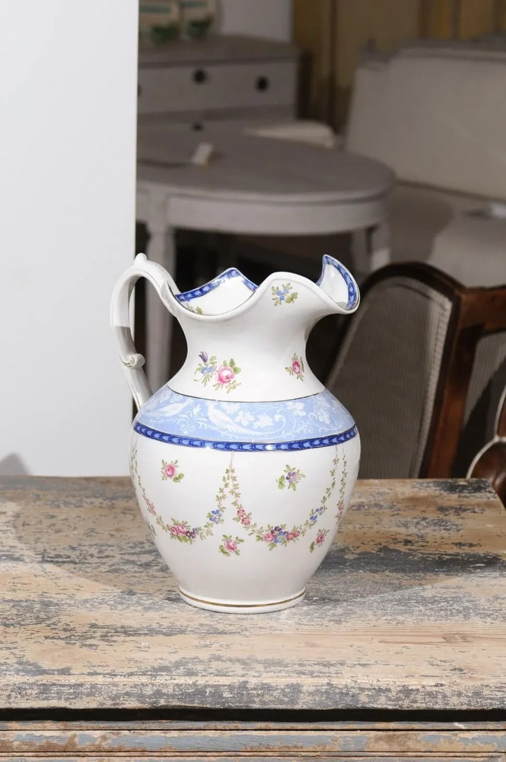 Vintage English Booth's China Pink Roses, Blue & White Pheasants Pitcher - 2