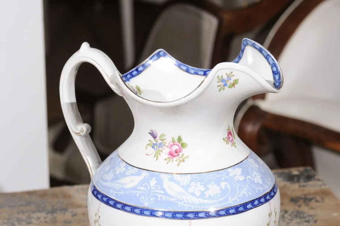 Vintage English Booth's China Pink Roses, Blue & White Pheasants Pitcher - 5
