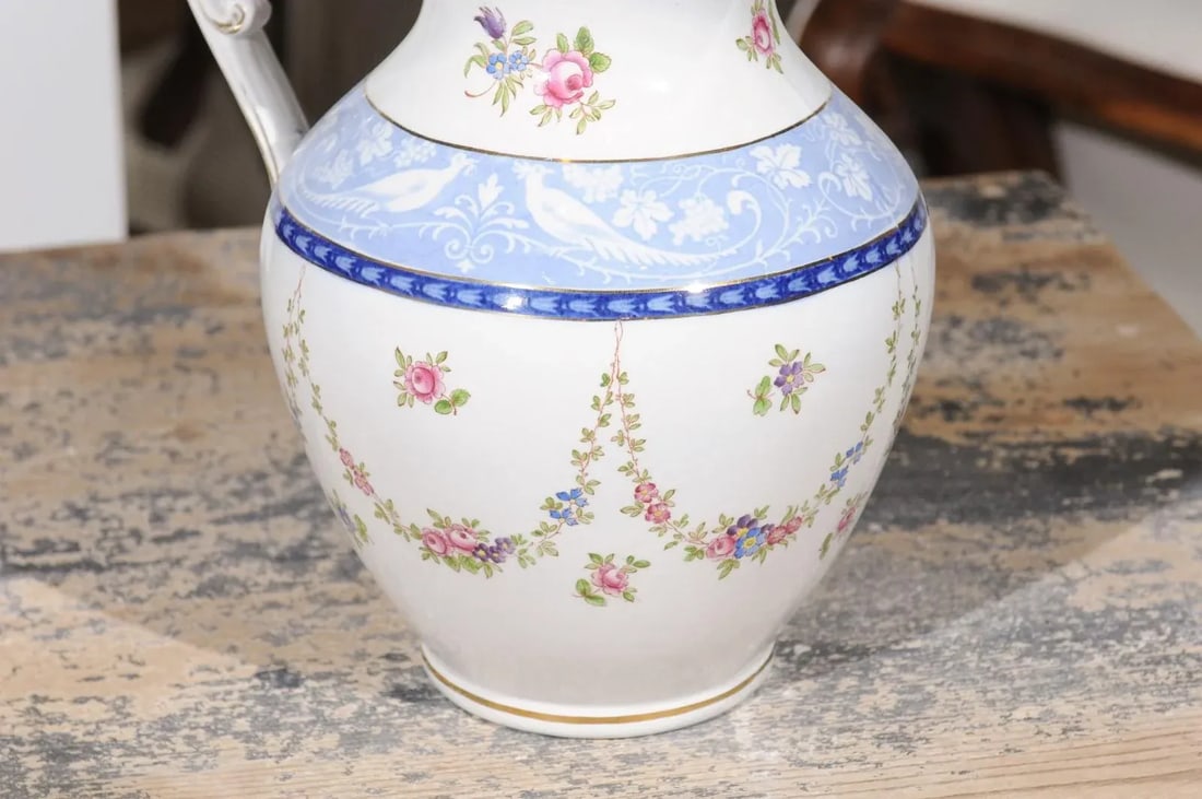Vintage English Booth's China Pink Roses, Blue & White Pheasants Pitcher - 6
