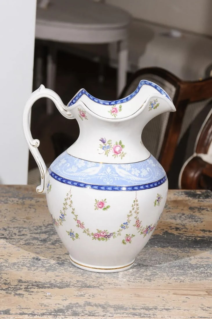 Vintage English Booth's China Pink Roses, Blue & White Pheasants Pitcher - 7