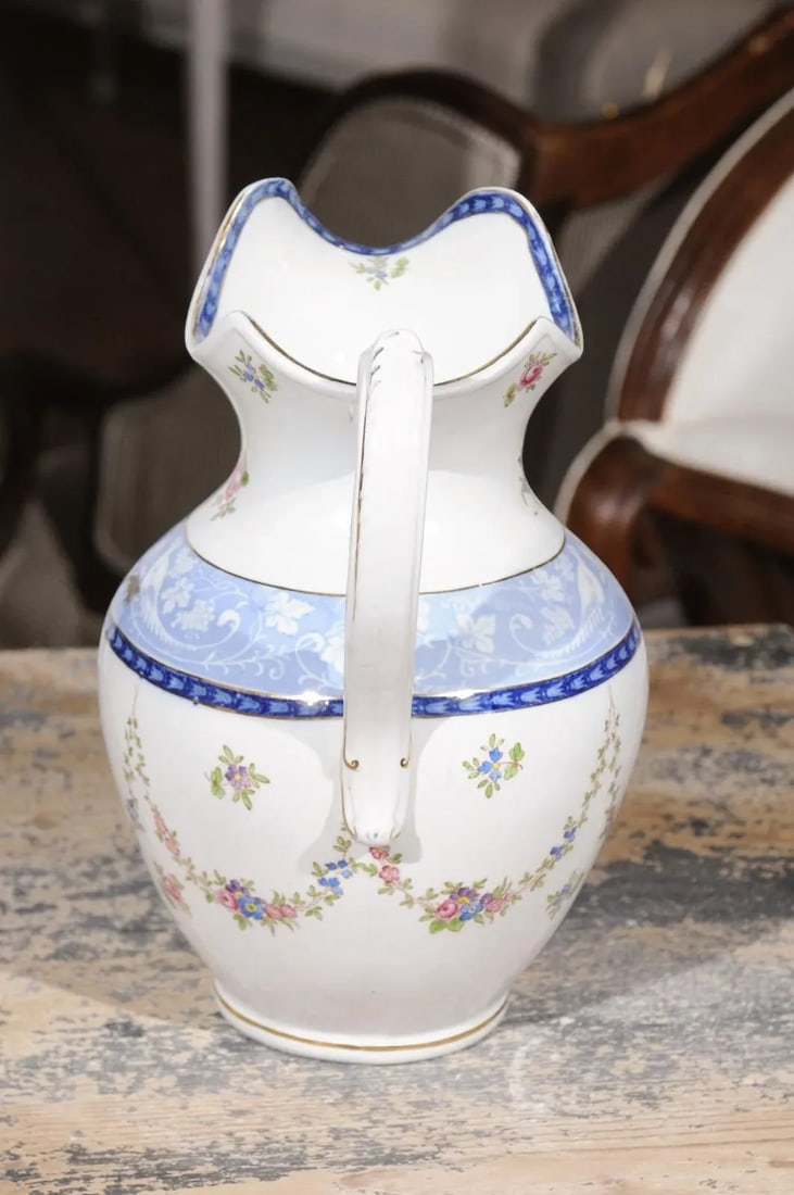 Vintage English Booth's China Pink Roses, Blue & White Pheasants Pitcher - 8