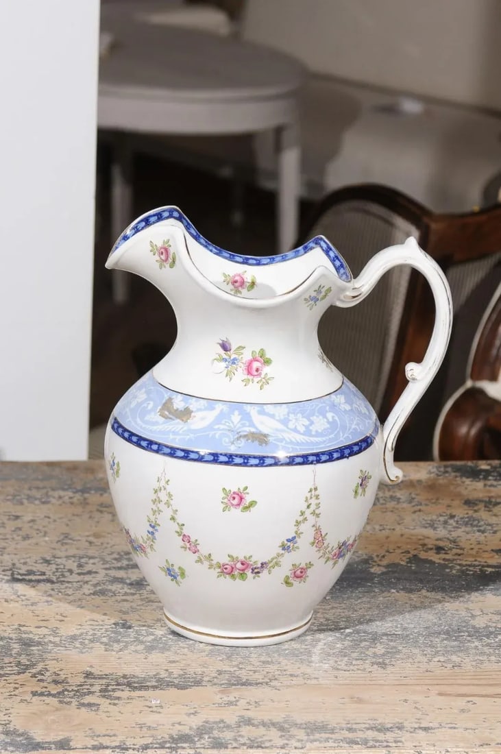 Vintage English Booth's China Pink Roses, Blue & White Pheasants Pitcher - 9
