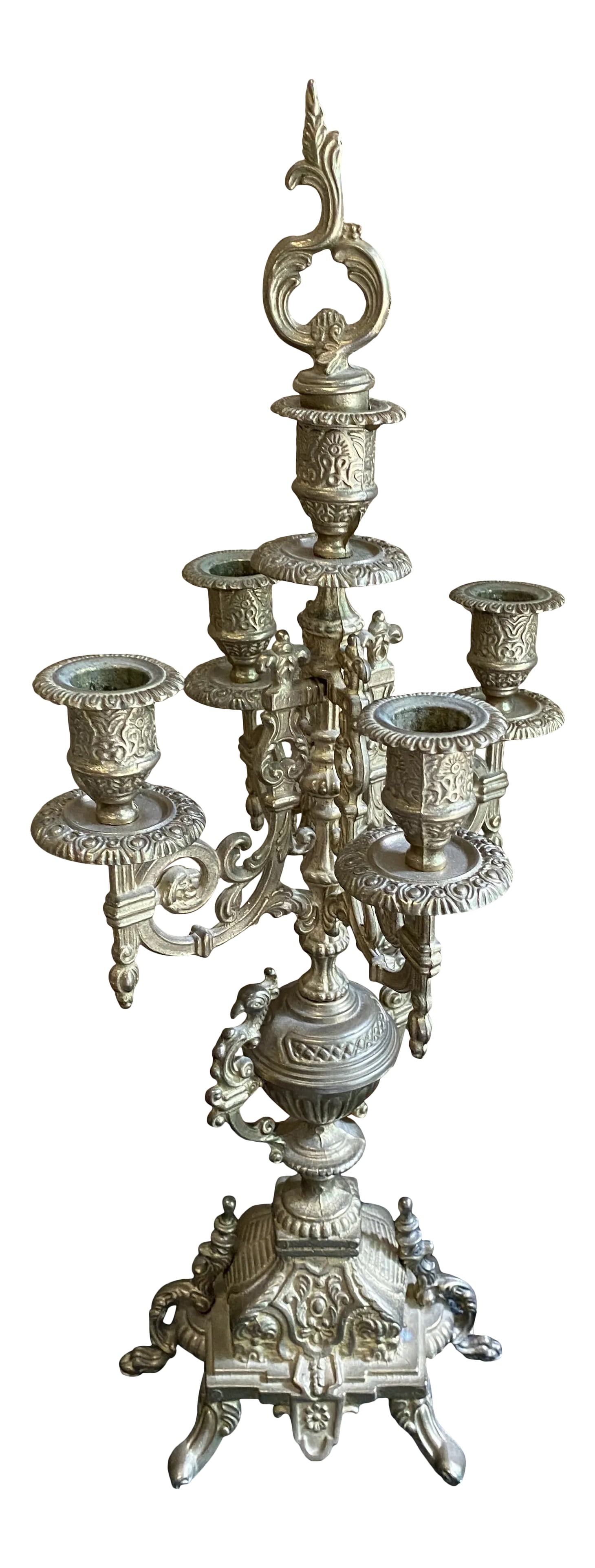 1930s Lions Foot Brass Candelabra: Beautiful rococo style regency candleholder with lions-feet details. Lions head details on seen on the base of the candleholder. Comes with stopper. Condition: Alterations: Original Condition
