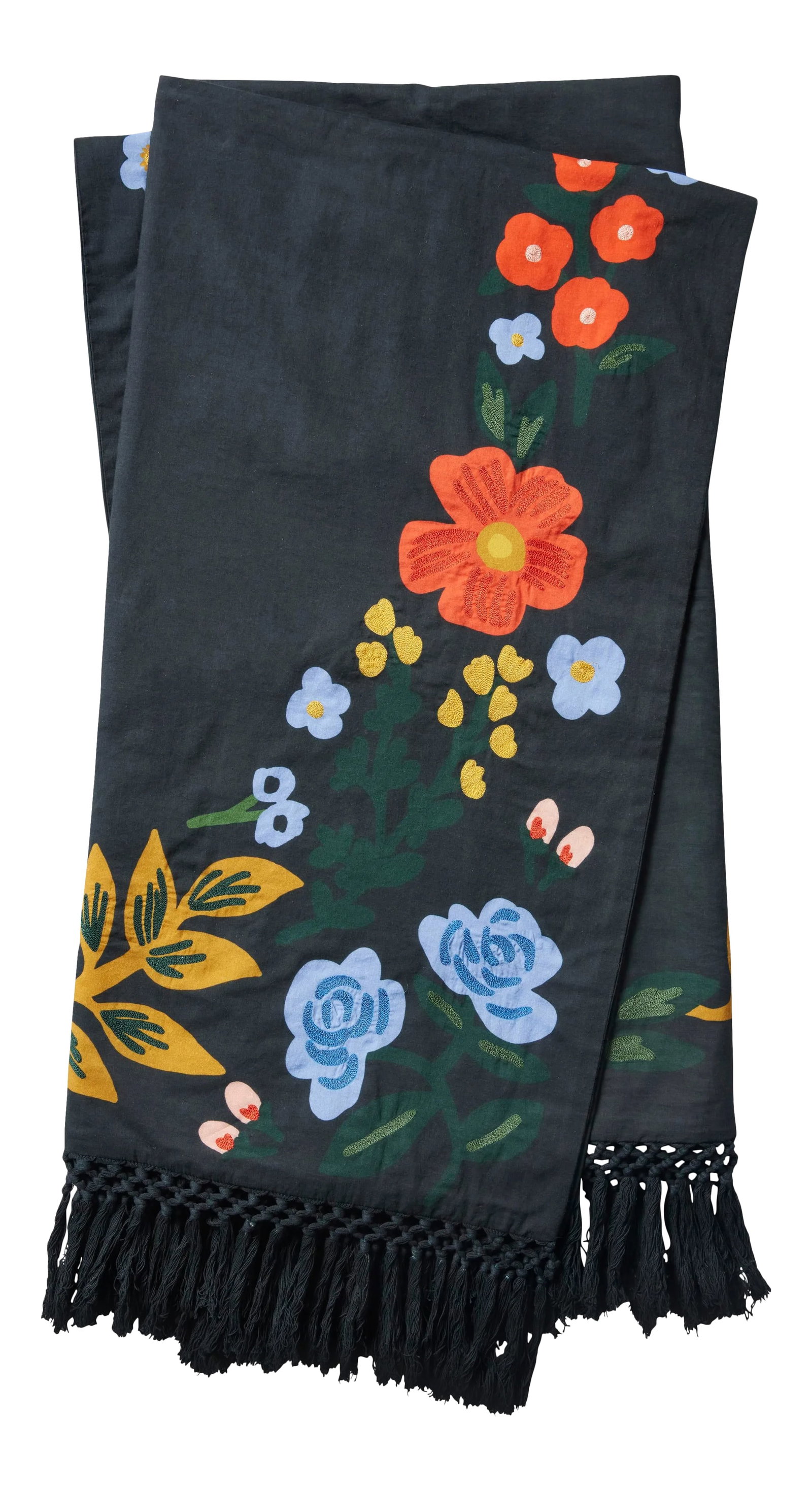 Contemporary Black Cotton Floral Throw: This gorgeous embroidered throw is sure to stun and keep you nice and warm. Size: 4'2" x 5' 100% Cotton Made in India Designer floor samples & new product from one of the hottest To The Trade & Retail