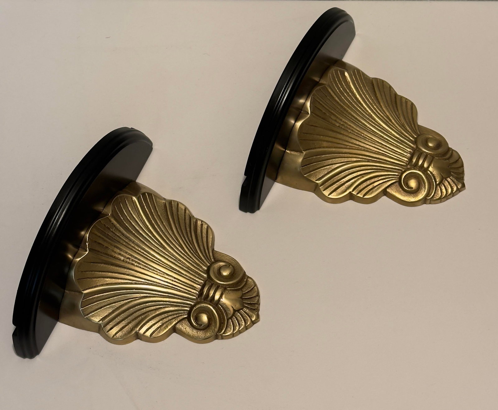 1970s Hollywood Regency Brass and Black Lacquer Shell Sconces - A Pair - 2