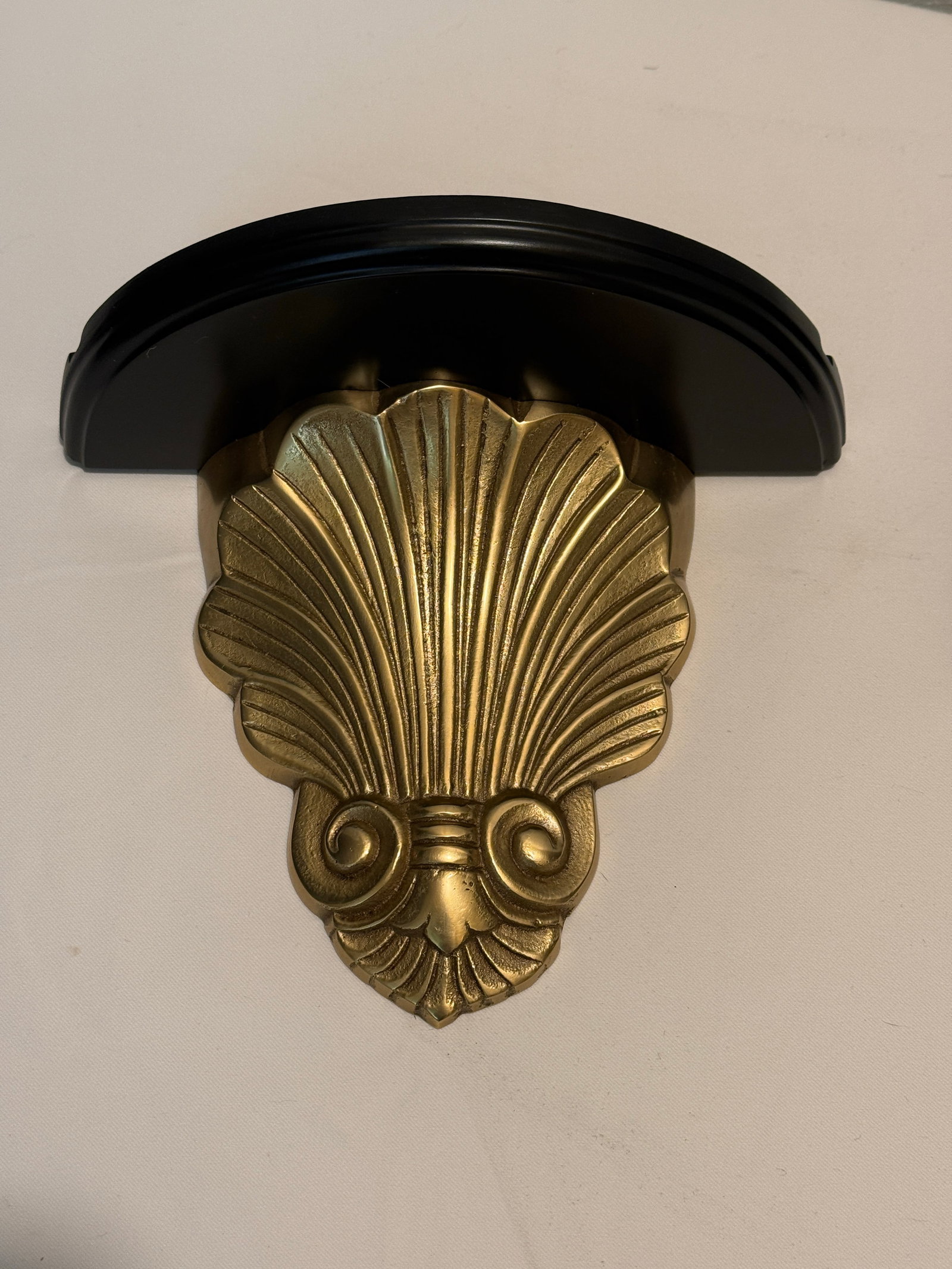 1970s Hollywood Regency Brass and Black Lacquer Shell Sconces - A Pair - 3
