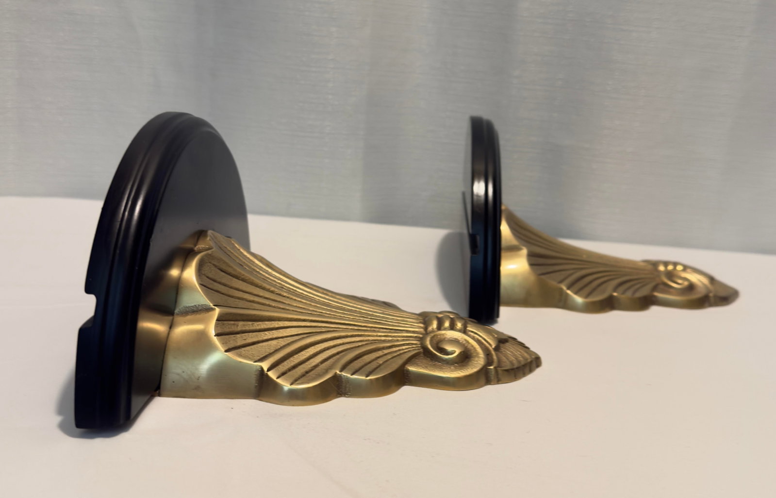 1970s Hollywood Regency Brass and Black Lacquer Shell Sconces - A Pair - 6