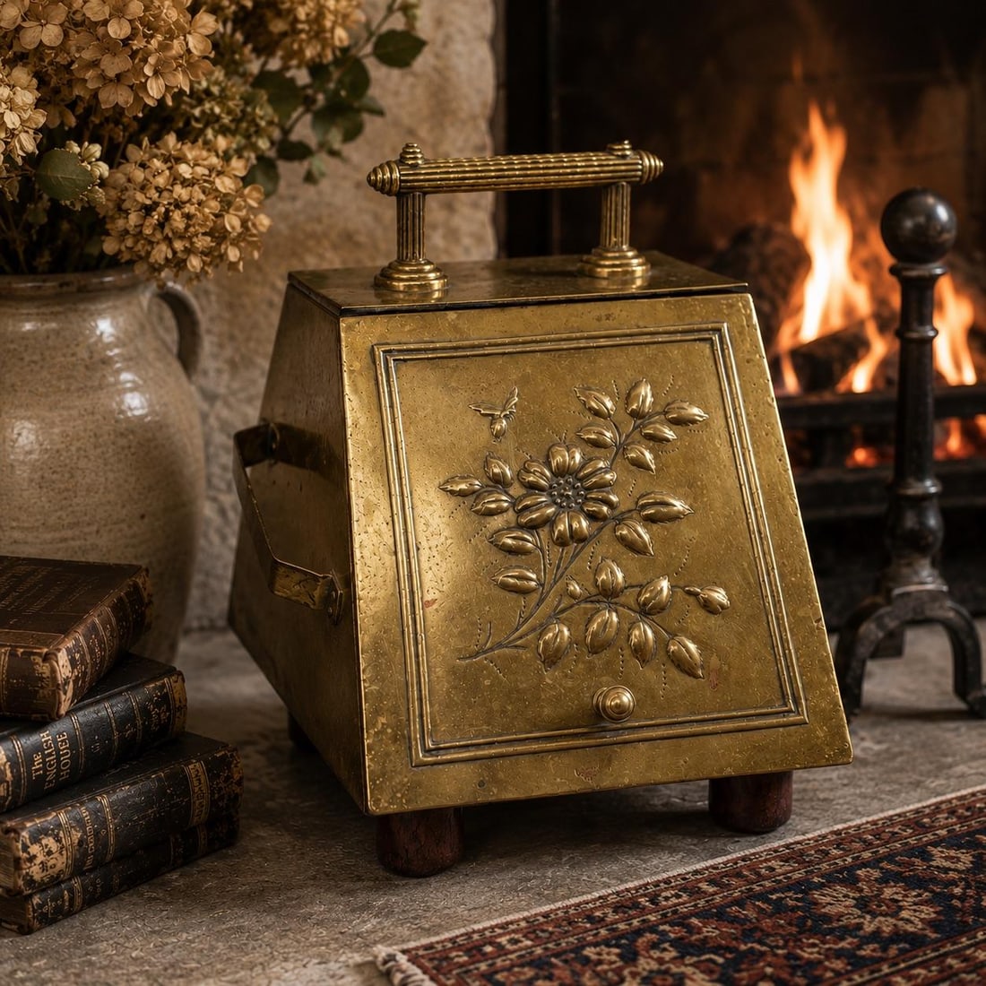 Antique Late Victorian English Brass Coal Scuttle With Embossed Floral & Bee Motif - 10