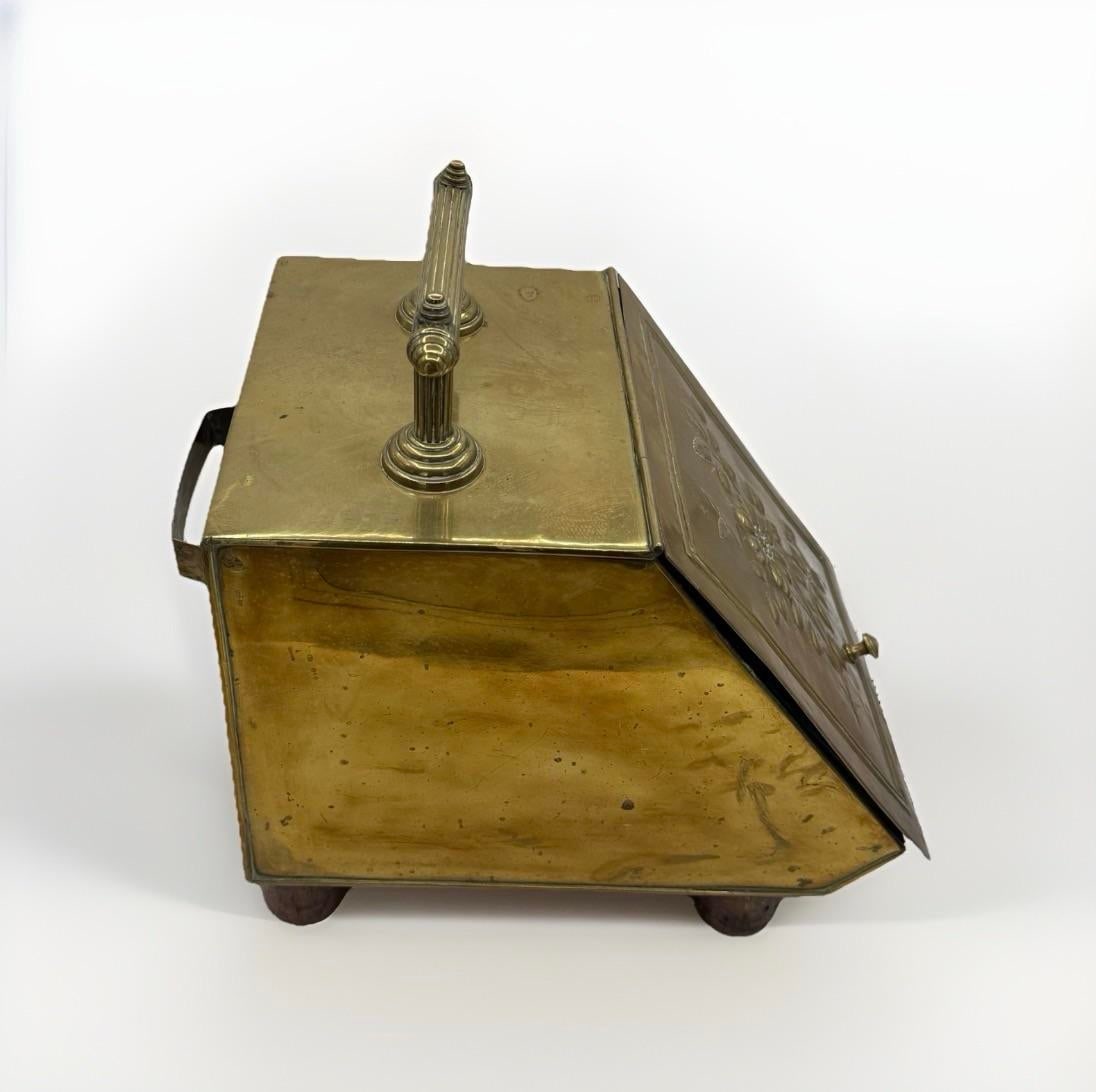 Antique Late Victorian English Brass Coal Scuttle With Embossed Floral & Bee Motif - 6