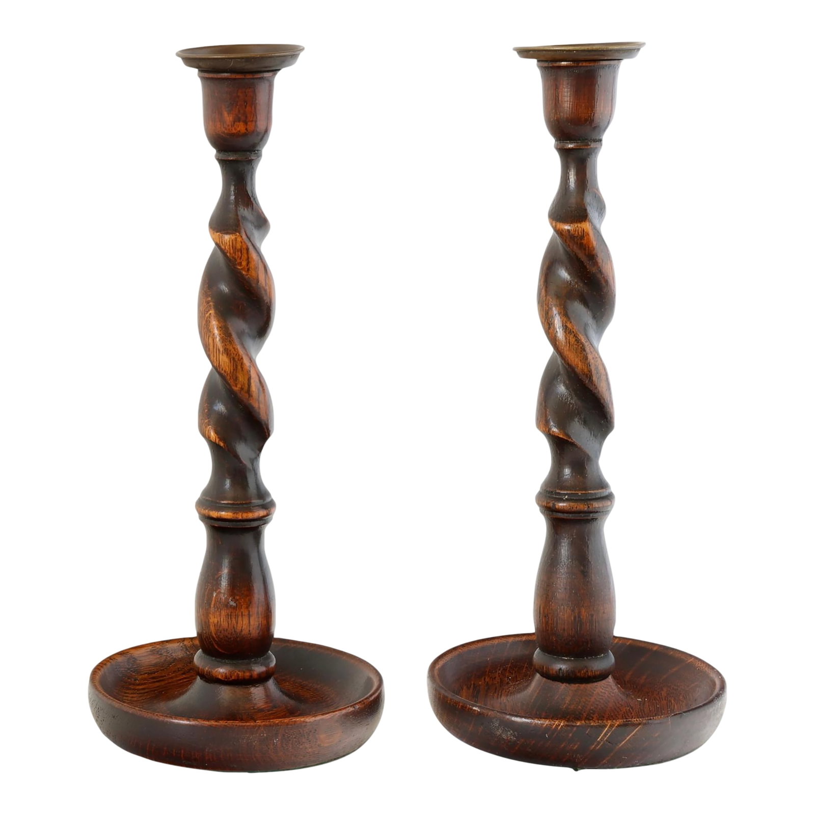 Antique Victoria English Barley Twist Candlesticks: Pair of antique English candlesticks featuring barley twist oak stems with brass candle cups. Warm patina from age and use; late 19th century. FREE LOCAL PICKUP @ Our Shop In Southern California By