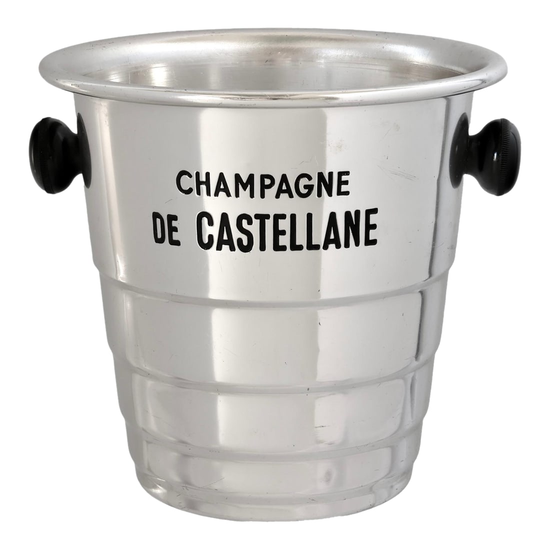 Vintage French "Champagne De Castellane" Champagne Bucket: Crafted in heavy aluminum, this vintage French Champagne de Castellane bucket features a bold, sculptural silhouette influenced by post-Art Deco design. The banded body, thick rolled rim, and contrast