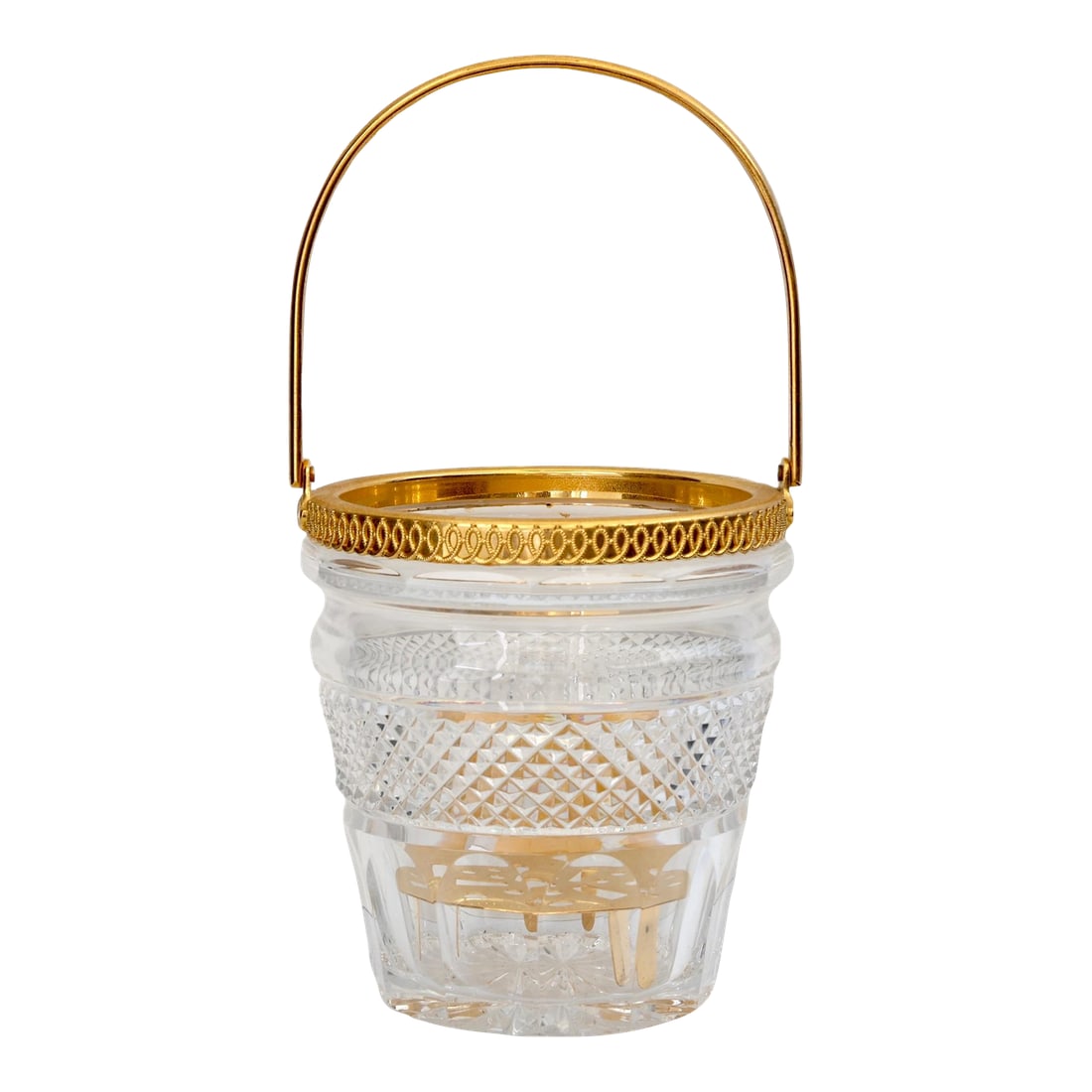 Midcentury Val St. Lambert Crystal Ice Bucket: Effortless glamour for the cocktail hour set. This midcentury Val St. Lambert crystal ice bucket captures the golden age of entertaining in dazzling form. Deeply cut crystal sparkles beneath a gilt
