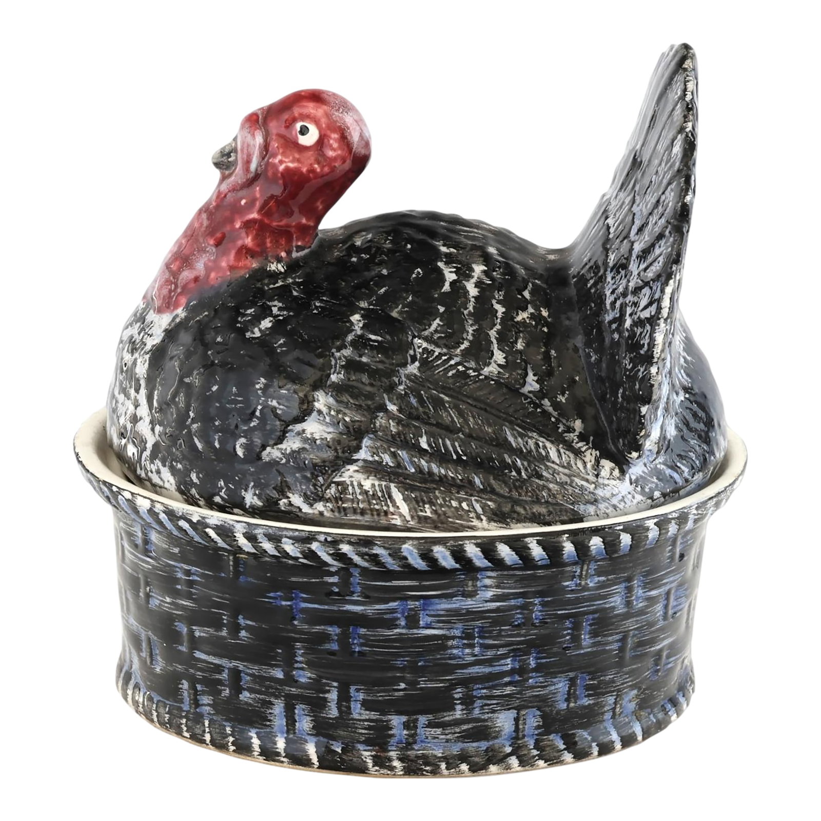 French Majolica Turkey Tureen: A turkey fit for a throne-or at least the most fabulous Thanksgiving table in town. This midcentury French majolica tureen, hand-painted in richly glazed tones of black, red, and cream, brings a