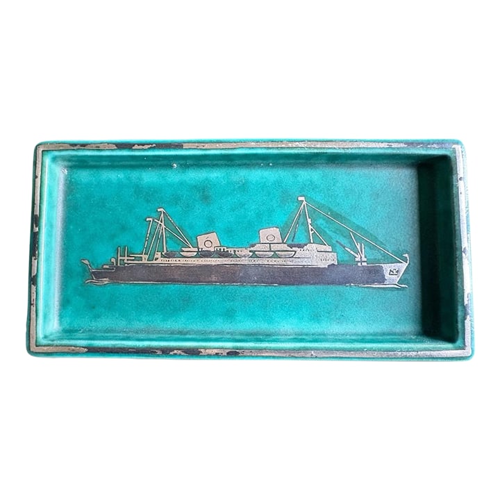 1940s Wilhelm Kage for Gustavsberg Sweden Teal 'Argenta' Trinket Dish or Watch Tray: This stunning ceramic trinket dish or watch tray has an applied design of a ship and was designed by Wilhelm Kage for Gustavsberg Sweden. Hallmarked on the bottom in the stoneware: "Gustavsberg Argent