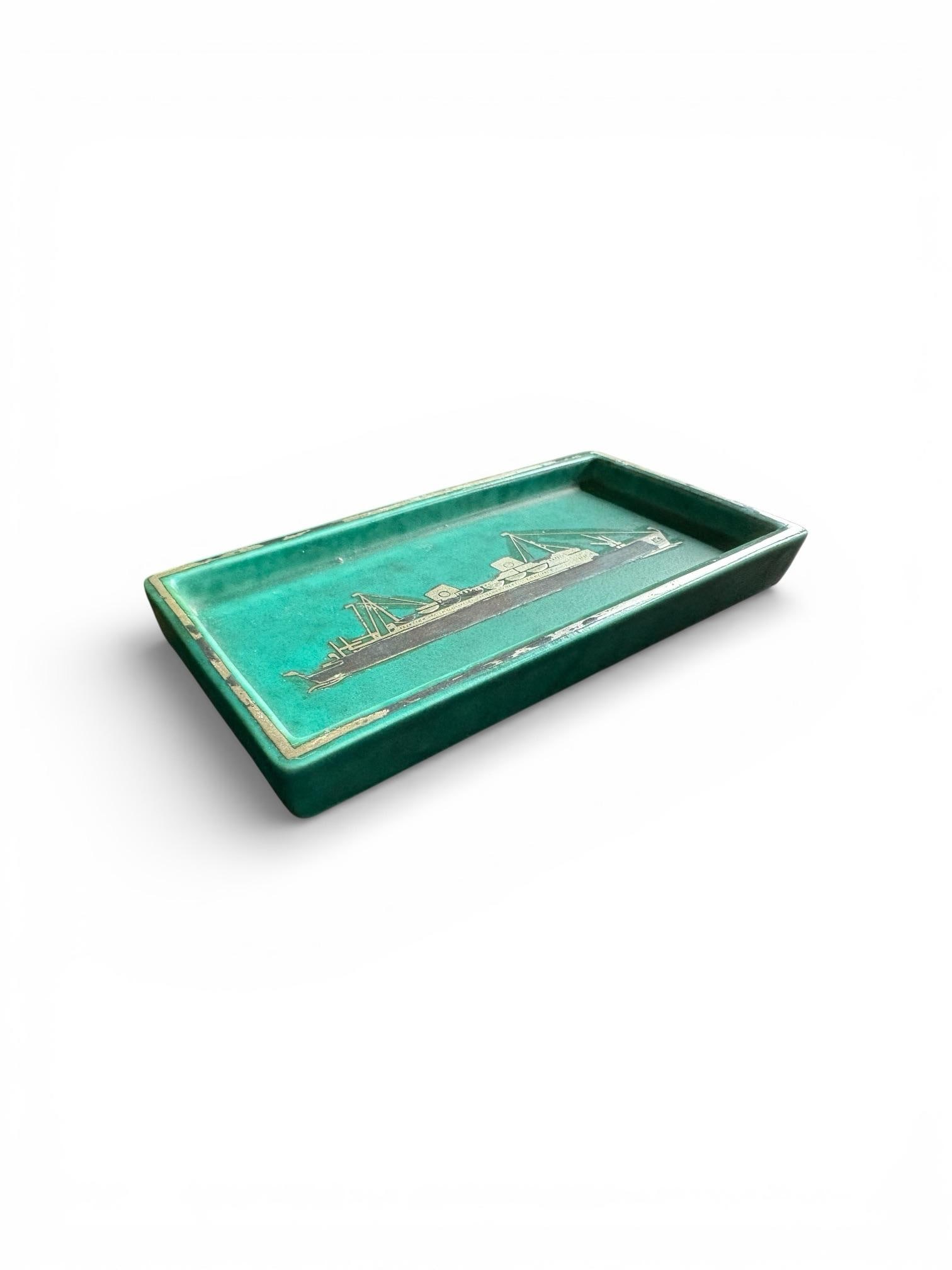 1940s Wilhelm Kage for Gustavsberg Sweden Teal 'Argenta' Trinket Dish or Watch Tray - 2