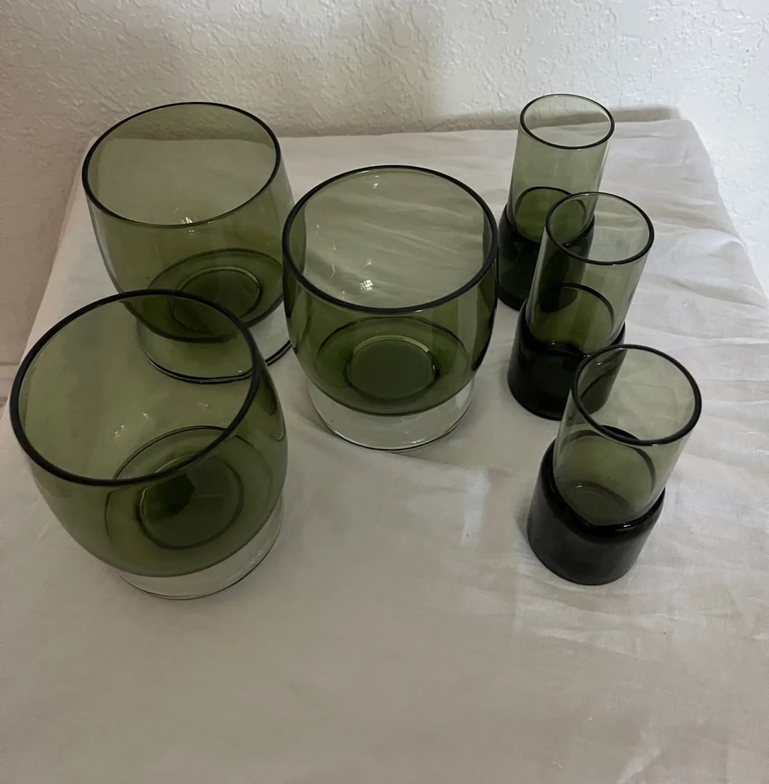 Vintage Mid-Century Modern Olive Green Lowball & Shot Glasses-A Set - 5
