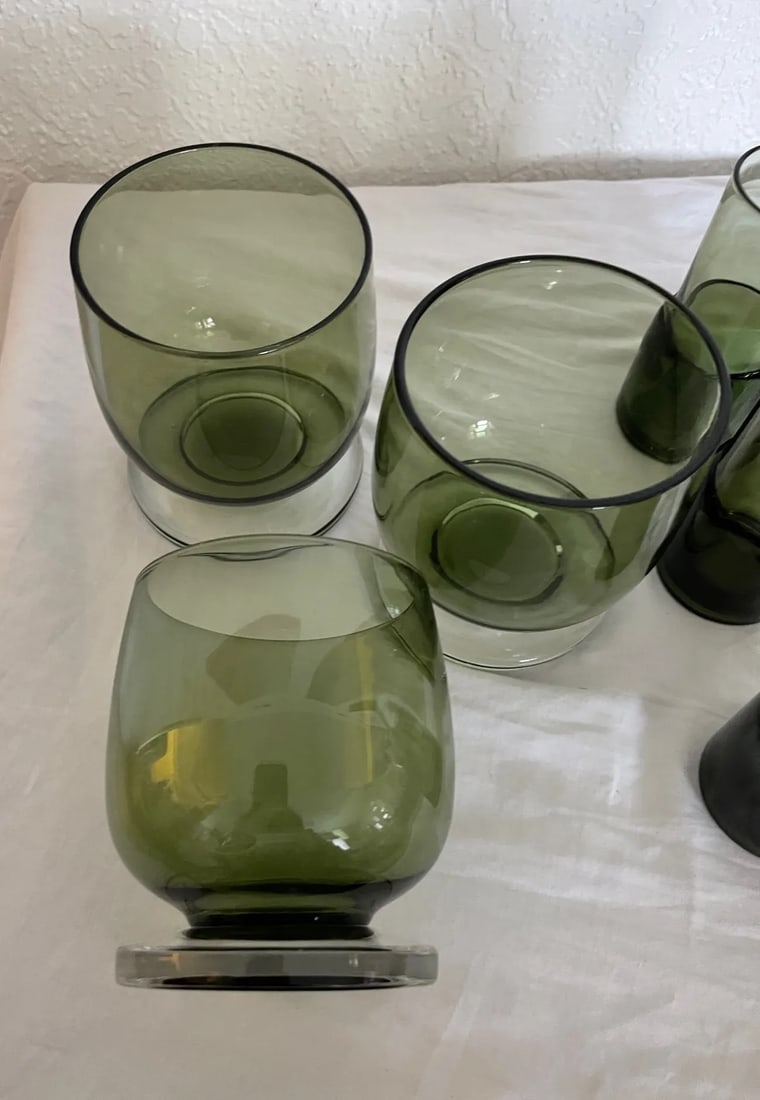 Vintage Mid-Century Modern Olive Green Lowball & Shot Glasses-A Set - 6