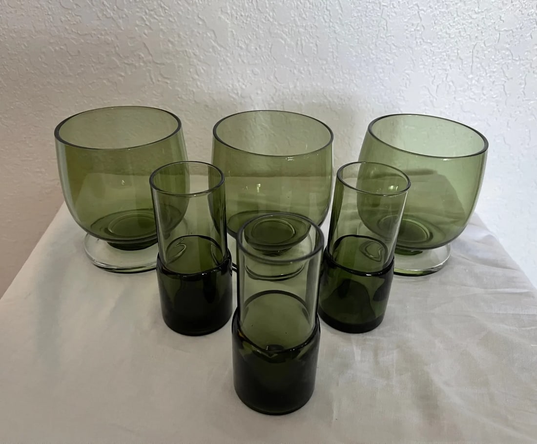 Vintage Mid-Century Modern Olive Green Lowball & Shot Glasses-A Set - 8