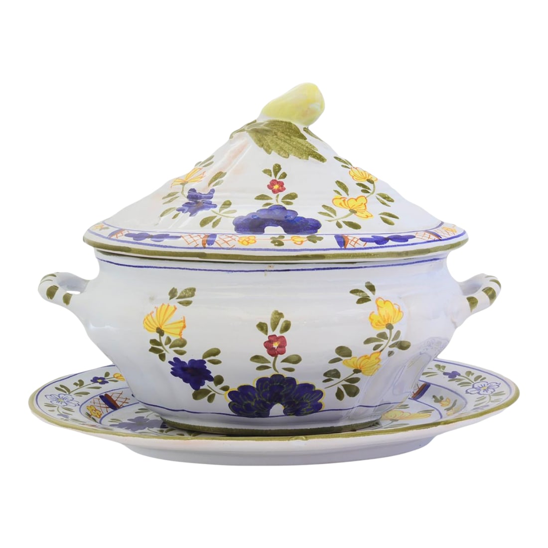 Vintage Cantagalli Blue Carnation Tureen with Tray: A striking Italian majolica tureen by Cantagalli, hand-painted in a rich palette of cobalt blue, golden yellow, olive green, and soft iron red on a white ground. The rounded form, scroll side