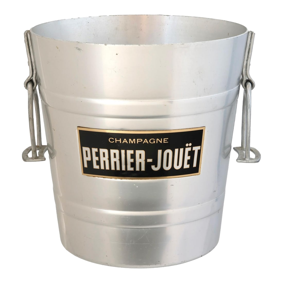Vintage Perrier-Jouet Champagne Bucket With Equestrian Stirrup Handles: This vintage Perrier-Jouet champagne bucket pairs classic French barware design with an equestrian twist. Crafted in aluminum, the tapered form features sculptural stirrup-shaped side handles-an elega